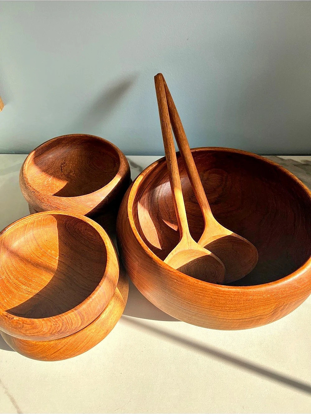 Teak Mcm Wooden Serving Bowl Set with servers